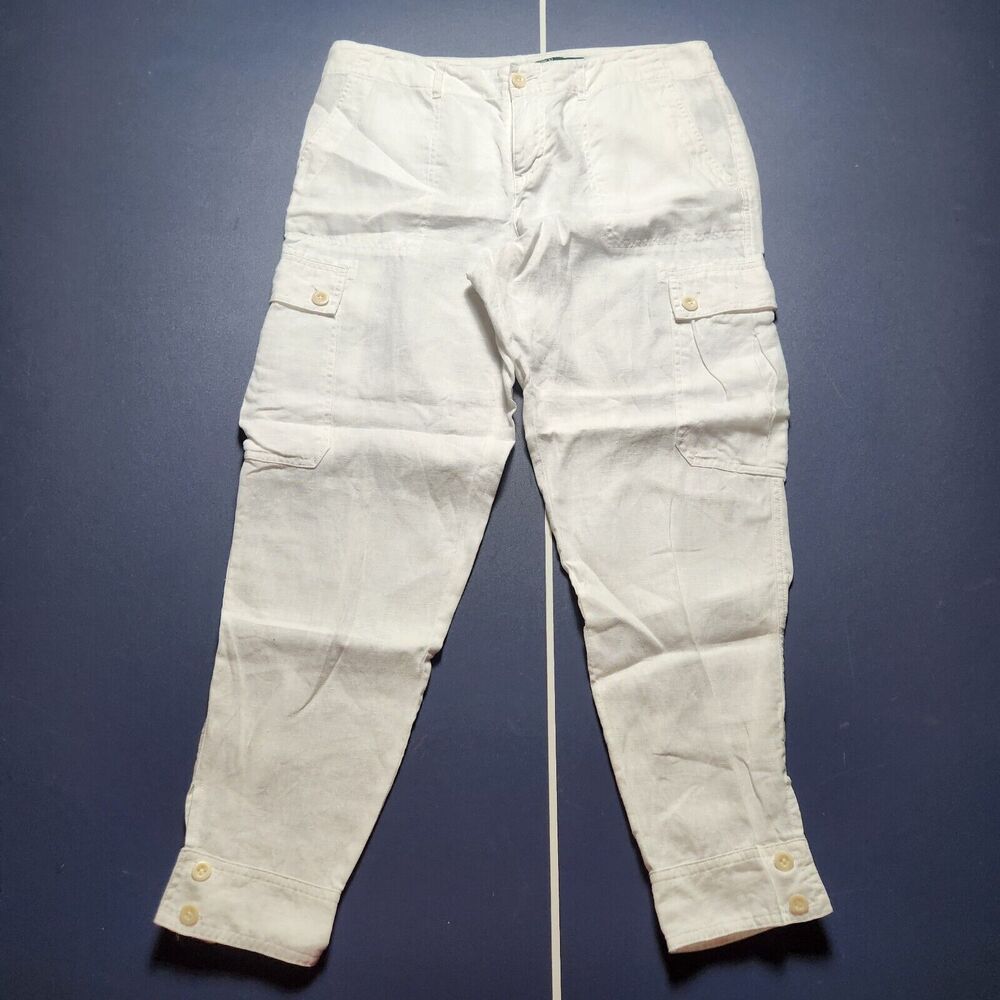 Lauren Ralph Lauren Womens 10P Linen Tapered Leg Cargo Pants White